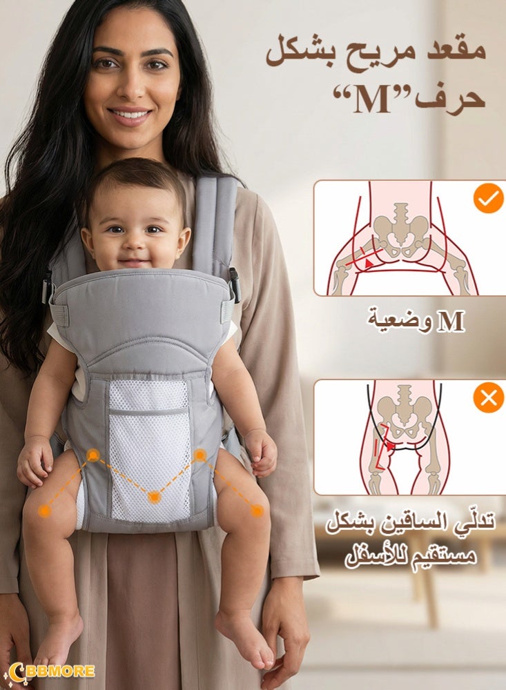 BBMORE Baby Carrier with Pocket, Ergonomic Adjustable Breathable Carrier Slings for 3–24 Months Baby Holder Carrier with Breathable Mesh Fabric, Grey - Image 2